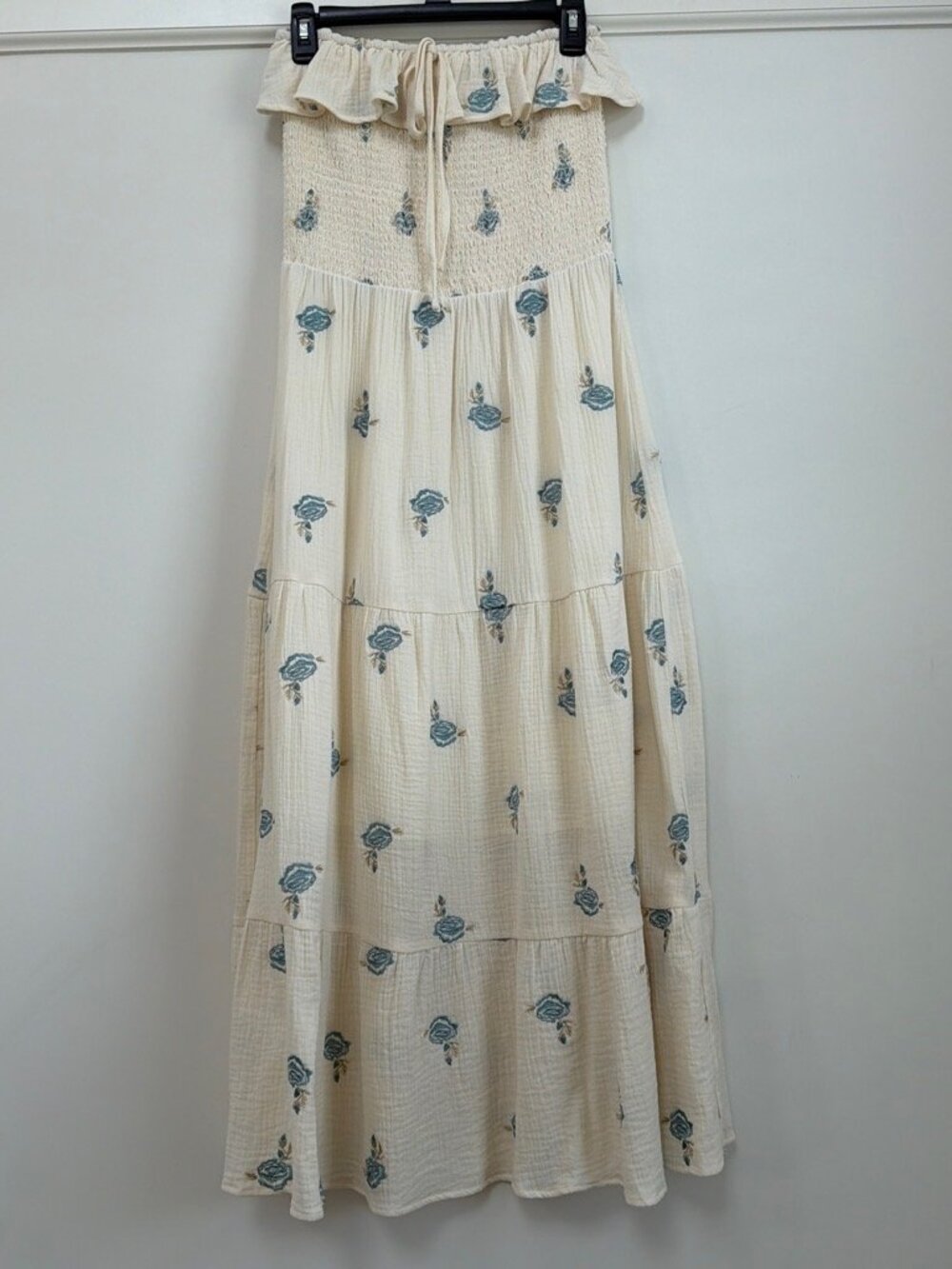 Mystree Cream Blue Embroidered Tube Top Smocked Tiered Maxi Dress NWT Size M